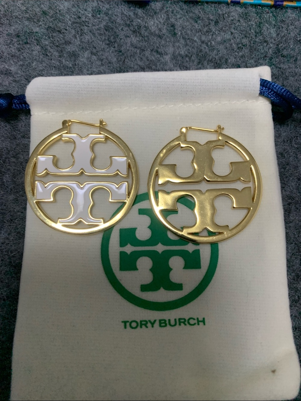 Tory Burch Gold Hoop Earrings with White Enamel Logo
